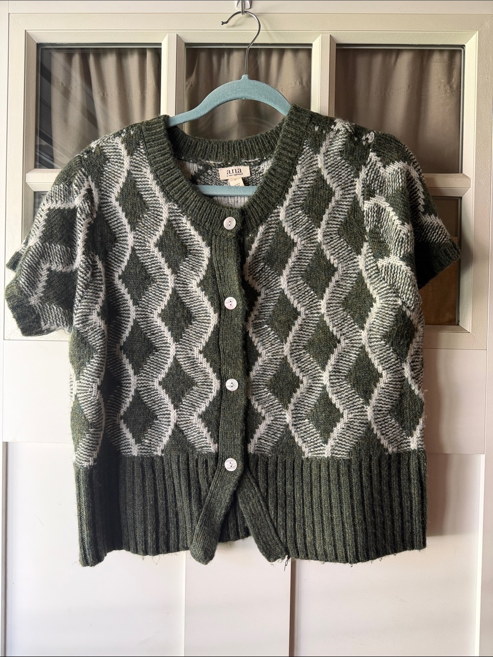 a.n.a Olive & White Short-Sleeve Knit Button Cardigan